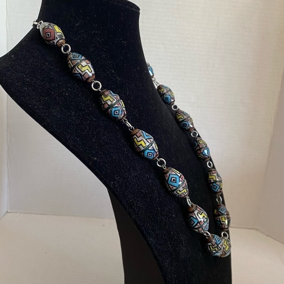 Vintage Hand Painted Glazed Clay Art Chunky Bead Necklace - Picture 3 of 16